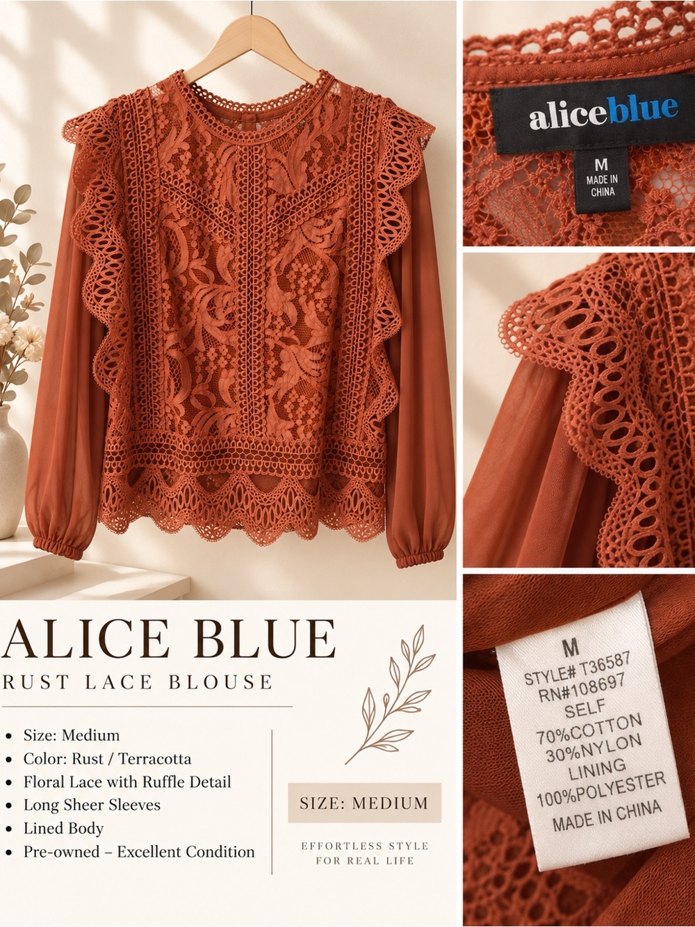 Alice Blue Rust Terracotta Lace Ruffle Blouse Women’s Size Medium